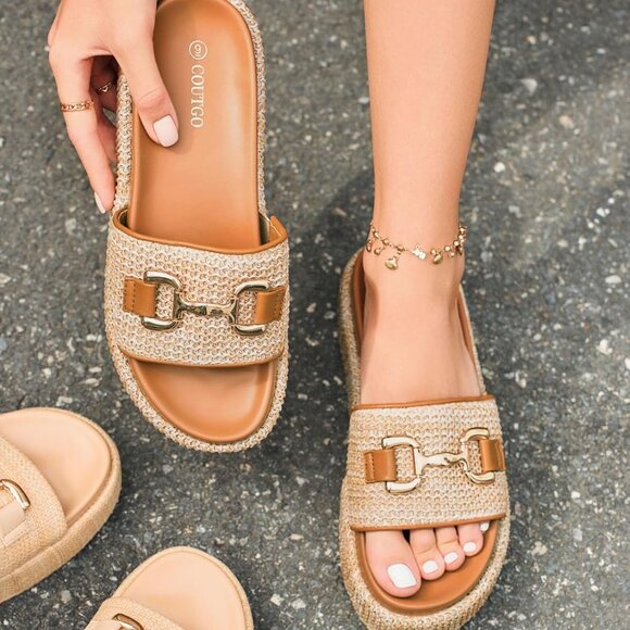 Women's Raffia Espadrille Platform Sandals Slip On Open Toe Beach Shoes - Picture 3 of 5